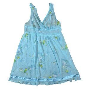 Victoria Secret Babydoll Tank Womens Medium Blue Floral Sheer Lace Y2K Lingerie